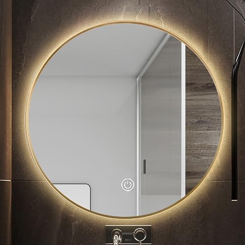 Okrągłe lustro łazienkowe z podświetleniem LED, czujnik dotykowy przeciwmgielny, 60 cm lusterko kosmetyczne z podświetlanym oświetleniem, złote / czarne wykończenie, idealne do makijażu i pielęgnacji