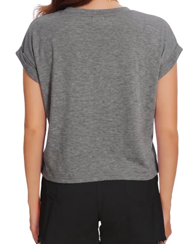 Image of Womens Crop Tops Summer Roll Cap Sleeve Cropped Tshirt Loose Fit Basic Tees