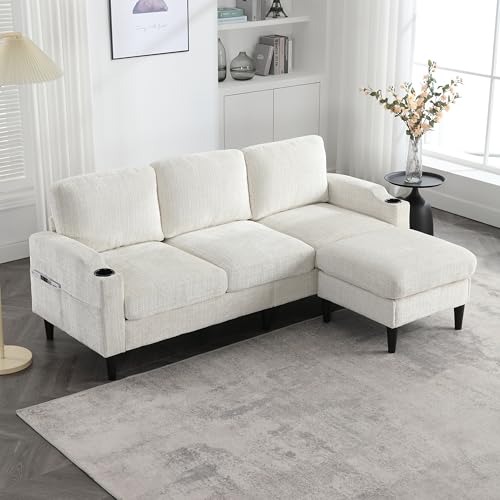 Sofá esquinero moderno con espacio de almacenamiento y taburete, sofá de 3 plazas en forma de L con soporte para bebidas y bolsillo lateral para salón, apartamento, oficina (beige)