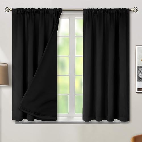 BGment Black Black Out Curtains for Bedroom Window 2 Panels Set, Bedroom Curtains Double Layer 100% Room Darkening Thermal Insulated Rod Pocket Window Drapes, Each 52 x 54 Inch,