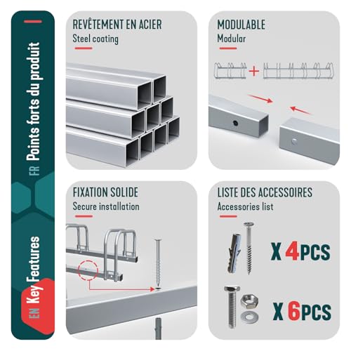 Vounot® Rastrelliera Per Biciclette, Rastrelliera Portabici, Installazione A Pavimento E Parete, 3 Posti, Argento - 5