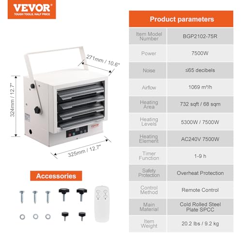 Image of VEVOR Electric Garage Heater, 7500 Watt Digital Fan Forced Wall Ceiling Mount Shop Heater, Remote Control, Overheat Protection, Hardwired Heater with 9 Hour Timer, ETL Listed