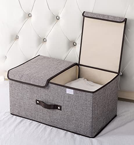 Image of wolpin Storage Basket With Double Lid Stackable Bins Wardrobe Clothes Closet Organizer Foldable Rectangular Drawer Box Storage Bins With Handle, Grey, Oxford Fabric, 35 x 15 x 25 Centimeters