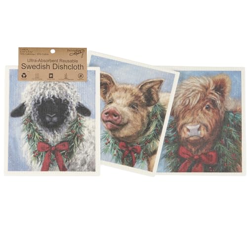 Primitives by Kathy Swedish Dishcloth Set - Christmas Animals, Set of 3