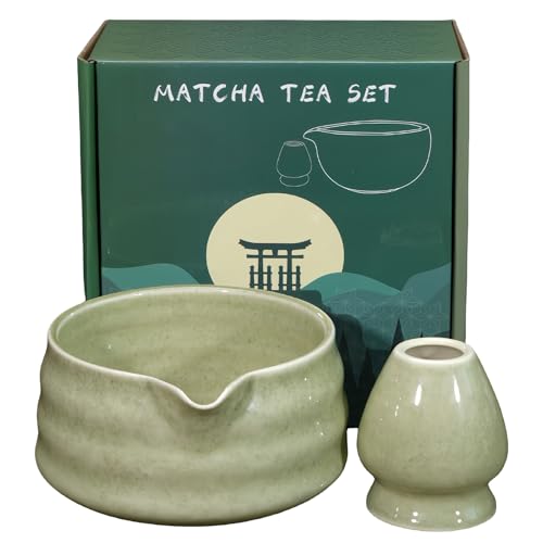 PRITOK Bol à matcha en 2 parties : bol à matcha de 18 oz fait à la main pour la cérémonie du matcha, bol en céramique à matcha avec bec verseur, vert