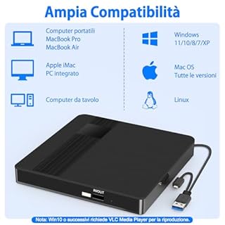 BNEHHOV Lettore CD DVD Esterno per PC Portatile USB 3.0 Type-C Masterizzatore CD/DVD +/-RW Drive CD ROM Unità DVD Esterne per Laptop Desktop Windows XP/2003/Win8/Win10/ Vista Linux Mac10 OS (06EU)