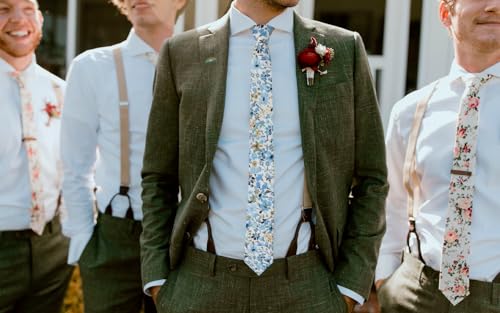 Image of Mantieqingway Men's Skinny Tie, Cotton Floral Ties for Men Wedding Necktie for Groom, Groomsmen, Missions, Dances