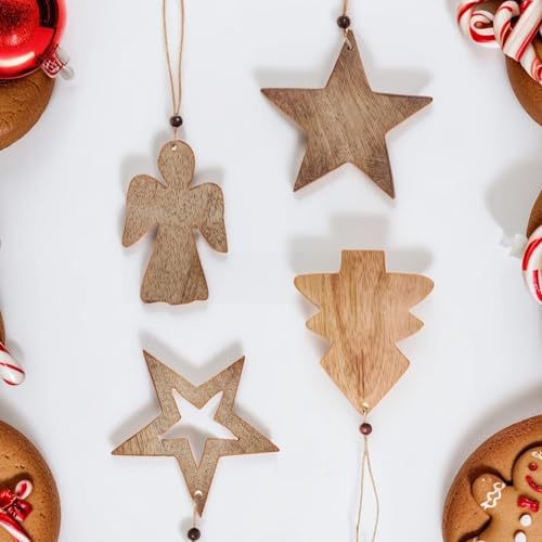 Marrakech Juego de 4 adornos navideños para árbol de Navidad, 10 cm, colgante de madera auténtica como decoración para árbol de Navidad