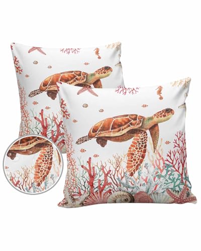 Sea Turtle Coral Outdoor Pillow Covers Waterproof,All Weather Cushion Case Set of 2 Decorative Pillowcases for Sofa Couch Bed Decor Patio Furniture 24