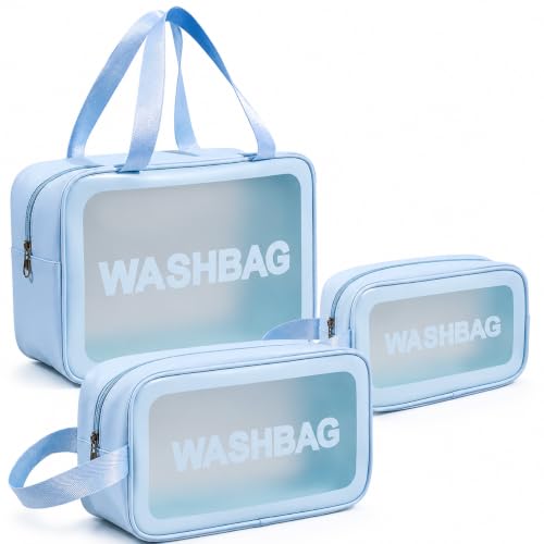 Image of MELVIS Waterproof Travel Toiletry Bag for Women | 3-Piece Pink Faux Leather Makeup & Toiletry Organizer Set with Clear Window | Cosmetic Wash Bag Pouch for Travel Accessories & Brushes (Blue)