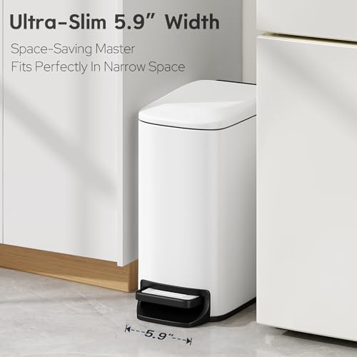 Image of TIPGO Small Bathroom Trash Can with Lid, 1.6 Gal, Soft Close, White | Stainless Steel, 5.9'' Slim for Narrow Space, Foot Pedal, Soft Quiet Lid, Anti-fingerprint, Removable Inner Bucket, Odor Seal