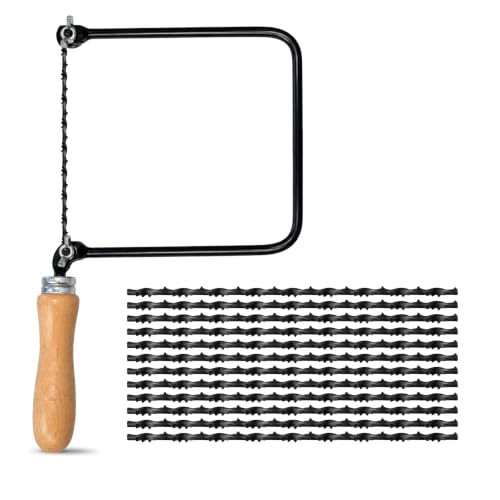 Sierra de marquetería con 12 Hojas 5/13 espiral para madera, plástico, cera, metal no ferroso, metal chapado, Sierra proyectos educativos, 150 mm fondo, Mango de madera