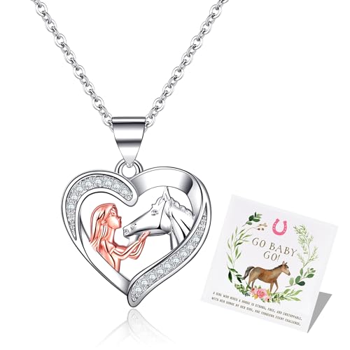 MOROTOLE Silver Girl and Horse Necklace for Girls 925 Sterling Silver Girls Horse Necklace Hypoallergenic With Exquisite Card Sparkling Cubic Zirconia Horse Pendant Necklace Jewelry Birthday Gifts