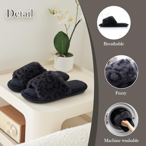 Image of GOEWY Women's Fuzzy Open-Toe House Slippers with Memory Foam - Leopard Print Cheetah Plush Cozy Cute Slipper Indoor /Outdoor Soft Slip On Slides Gifts for Women Mom Her Ladies