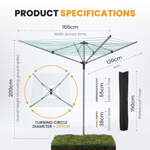 NOVECRAFTO 50m Rotary Washing Line – Easy-Lock System 4-Arm Garden Outdoor Clothes Dryer – Powder-Coated Steel Frame Whirly Airer with UV-Resistant Cords, Metal Ground Spike & Storage Cover - Image 8
