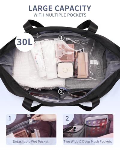 ECOHUB Travel Duffel Bag Carry on Luggage Bag for Airplanes Lightweight Weekender Overnight Shoulder Bag for Women Men Hospital Bag with Trolley Sleeve 30L Black image 8