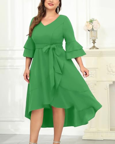 Image of Plus Size Wedding Guest Dress - Double Bell Sleeve High Low Split Dresses | Semi formal cocktail dress, V-neck double bell sleeves with belted high-low split ruffle hem.