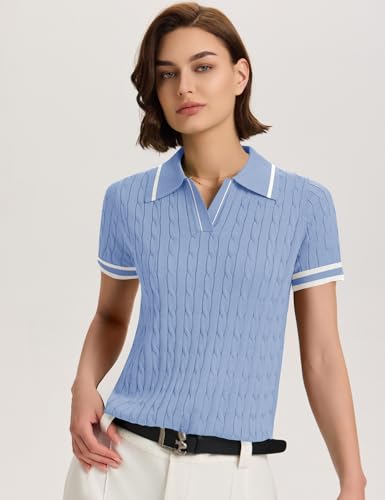 Image of Micoson Womens Short Sleeve Sweater Tops Lapel V Neck Polo Shirts 2026 Summer Cable Knit Loose Blouse Business Casual Outfits