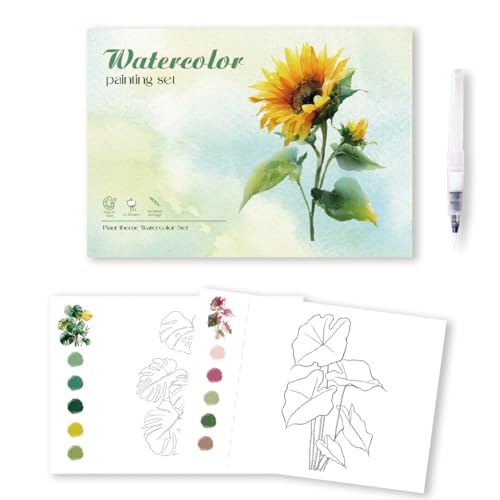 MSLSOZ Aquarell-Malbuch, 20 Blatt pflanzliche Linienzeichnungen ohne Wiederholung mit nachfüllbarem Pinsel, fertige Vorlagen – Geschenk für Kinder/Partner, Aquarell-Anfänger (21cm×14,5cm)