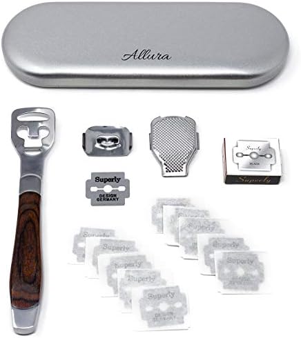 Allura Foot Care Pedicure Callus Shaver Cutter Rasp File Hard Skin Corn Remover Wood Handle 10 Blades (Case Included)