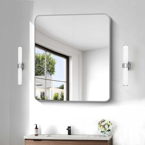 Image of Silver Bathroom Mirror, 30 x 36 Inch Metal Framed Silver Rectangle Mirror, Rounded Corner Rectangular Vanity Mirror, Wall Mounted Mirror for Living Room Bedroom Entryway Horizontal /Vertical