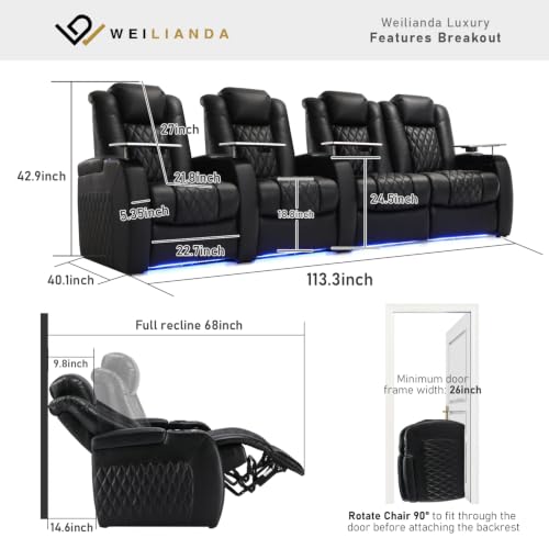 Image of Weilianda Home Theater Seating, Top Grain Leather Movie Theater Chair | Black Row of 4 Loveseat Right, Zero Gravity, Power Headrest, Tray Table, Electric Reclining Seat for Media Room