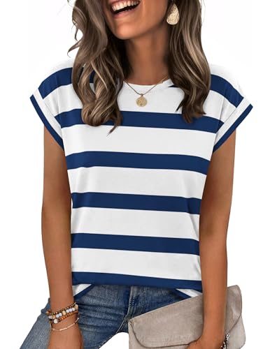 Image of Zeagoo Womens Short Sleeve Tops Ladies Crew Neck Tshirts Basic Blouses Dressy Clothes White Blue Striped M