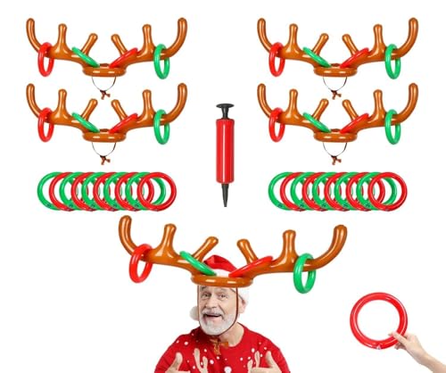 Inflatable Reindeer Antler Ring Toss Game 2026 Christmas Games Ring Toss Christmas Party Antler Hat Games Reindeer Party Games for Family(4 Antlers 16 Rings1 Air Pump)