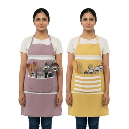 Image of Unisex Cooking Aprons | Waterproof Apron | Striped Design with 2 Front Pockets & Adjustable Neck Strap | Durable, Oil & Stain Resistant | Chef Apron for Cooking