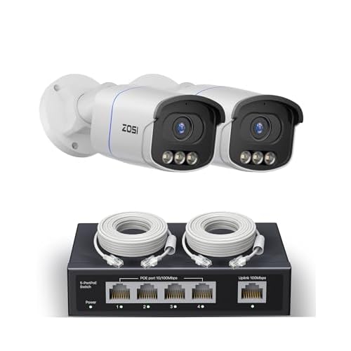 ZOSI 2Pack C186 5MP 3K Aurora Lux True Color Night Vision PoE IP Security Camera with 4 Port PoE Switch, Smart Person/Vehicle Alerts for Outdoor Indoor Surveillance, Light & Siren Alarms, Tw