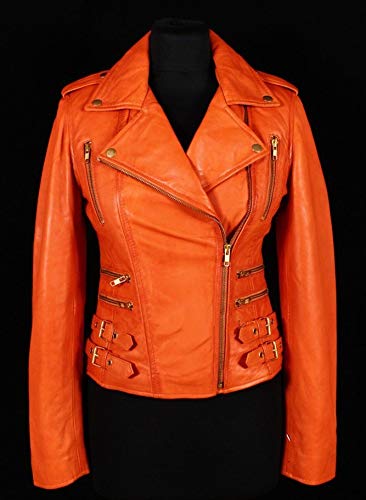 Women's Genuine Lambskin Leather Orange Color Slim Fit Biker Motorcycle Jacket #LC1162