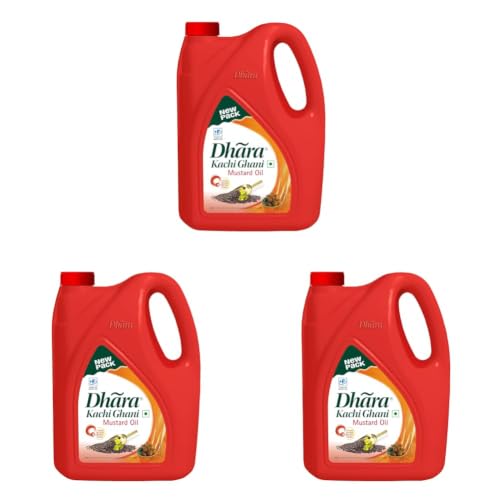 Image of Dhara Kachi Ghani Mustard Oil (0% Trans Fat), 5 L Jar /4.5 L Jar (May contain free turmeric powder 50g) (Pack of 3)