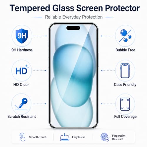 Image of Premium Tempered Glass for iPhone 15 Plus and 16 Plus (6.7 Inch) | 9H Military-Grade Hardness | Dynamic Island Compatible | Edge-to-Edge Full Coverage | Bubble-Free HD Screen Protector