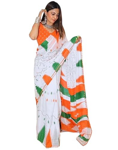 SIRIL Women's Silk Tiranga Print Saree Republic Day Tricolor Sare...