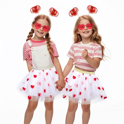 Image of 3Pcs Valentine's Tulle Skirt Sets Heart Embroidered Ballet Skirt with Heart Glasses Ponytail Headband for Girls