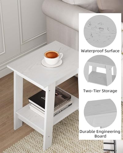 Garvee End Table, Side Table with 2-Tier Storage Shelf, Sofa Table for Small Space, Square Nightstand for Entryway, Farmhouse, Living Room, Easy Assembly, White
