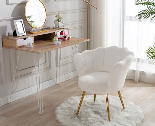 Ya-Home Sessel Wohnzimmer aus Teddystoff, Schminktischstuhl mit Goldfuß Gepolsterter Blumenform Loungesessel Relaxsessel für Wohn/Schlafzimmer, Weiß