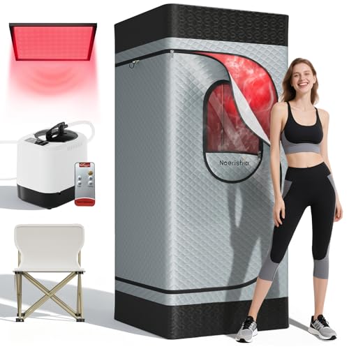 Portable Infrared Sauna Box for Home with 3L 1200W Steamer, Big Folding Chair, 99 Mins Timer, 9 Levels, Noerishia Steam Sauna Tent with 660nm + 850nm Red Light Therapy, for Home Spa Detoxification