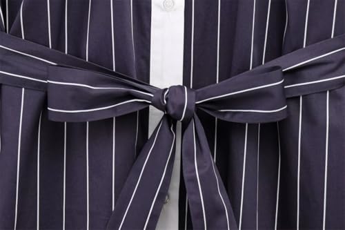 Women Striped Shirt Dress Mid Length Striped Dress Top Pullover Patchwork Lace Up Blouse4