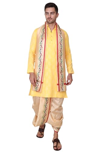 Image of Rameshwaram Fabrics Readymade Dhoti for Men, Velcro Style Stitched Mens Silk Dhoti Pant with Stole Set
