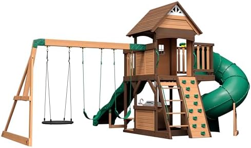 Backyard Discovery Cedar Cove Cedar Wood Swing Set with Spiral Tube Slide, Wave Slide, Clubhouse, Toy Grill, Snack Bar, Rock Wall, Belt Swings, Web Swing, Balcony, Chalkboard, Ladder, Outdoor Playset