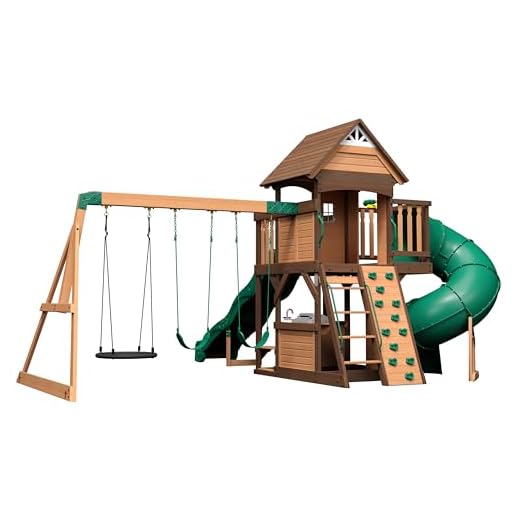 Backyard Discovery, Cedar Cove Wood Swing Set, Playground Fort, Chalkboard, Telescope, Dual Slide, Kitchenette, Wide Swing Lanes, 5ft Rock Wall, Step Ladder