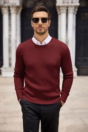 COOFANDY Herren Strickpullover Rundhals Pullover Feinstrick Sweater Langarm Pullover Langarmshirt Regular Fit Pulli Trendy Pullover Weinrot XL