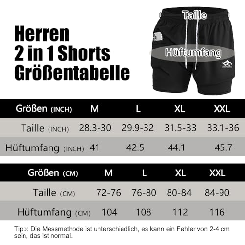 LORSPORTCH Herren Laufshorts 2 in 1 Shorts Gym Athletic Shorts Outdoor Marathon Workout Trainingsshorts Mit Eingebaut Taschen Schwarz-L