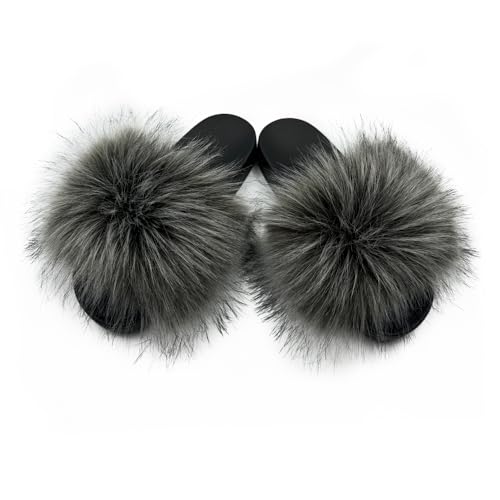 Image of Women's Faux Fur Slides Slippers Fluffy Fuzzy Sandals Open Toe Furry Slide Flip Flop Indoor Outdoor
