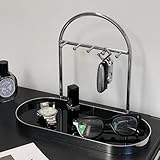Shinpuru Metal Jewelry Organizer Stand & Key Holder Tray with Acrylic Base, Key Stand and Jewelry Tray with 5 Hooks, Perfect Key Bowl, Valet Key Tray, Ring Holder, Jewelry Dish (Silver Black)