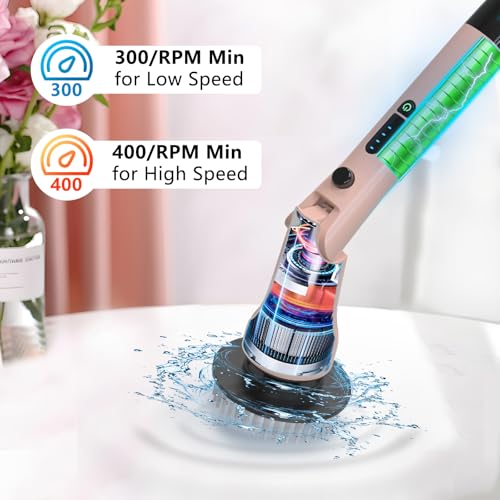 Image of Electric Spin Scrubber, Hillyfe Bathroom Scrubber Electric with 7 Replaceable Brush Heads, IPX7 Waterproof,300 /400 RPM, 3 Adjustable Length,Scrubber Brush Electric for Bathtub Floor,Pink