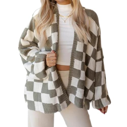 Image of Womens Checkered Cardigan Sweater Loose Long Sleeve Open Front Sweater Knit Coat Casual Oversized Plaid Cardigan Tops