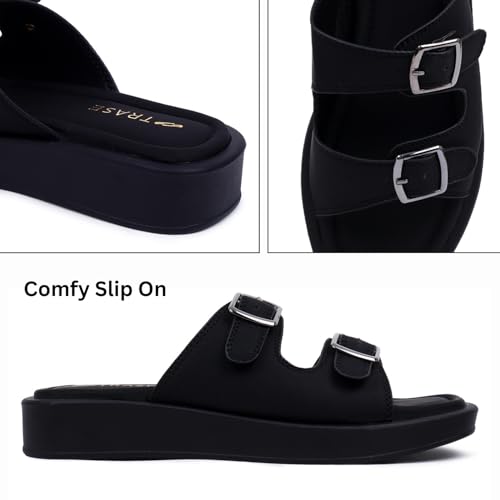 Image of TRASE Sandals For Woman | Slippers For Woman | Flats | Casual Double Strap Sliders Sandal With Adjustable Ankle Strap | Women Sandals | Comfortable | Lightweight | Women Footwear