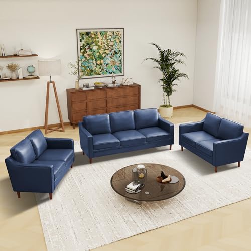 Kingfun Living Room Furniture Sets, Armchair and 2 Loveseat, Mid Century Modern Sofa Set, Faux Leather Couch with Solid Wood Frame for Living Room & Bedroom, Royal Blue